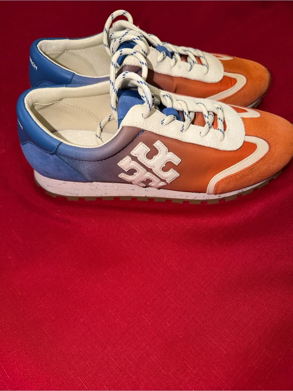 Tory Burch Orange, White & Blue Suede Lace-Up Sneakers